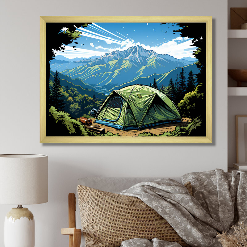«Camping In Forest Retreat 2» - Art mural de voyage en camping, Cadre doré à coins fermés, H 12 po x l 20 po x P 1 po
