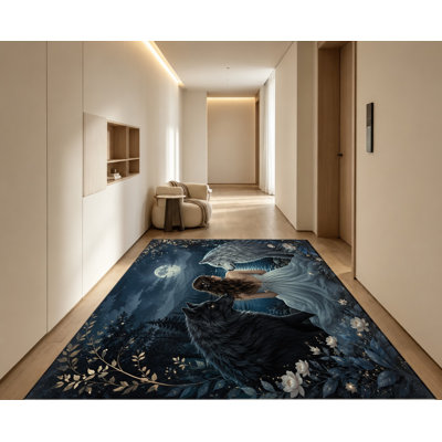 Tapis artistique Fantasy Wolf Forest Moon Night, motif de couple de créatures mystiques, antidérapant, idéal pour le salon, la chambre, le dortoir ou un appartement.
