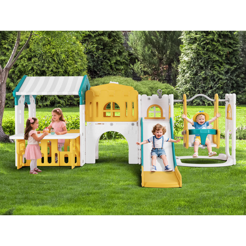 Joyldias 10 In 1 Toddler Slide With Swing, Kid Plastic Climber Slide With Play House, Green/Yellow
