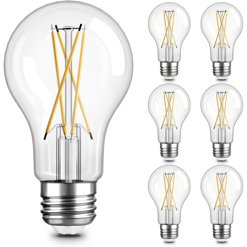 A19 ampoules à filament DEL équivalentes 8 W 60 W, 760 lumens 2700 K lumière du jour, ampoules E26 en verre transparent non à intensité variable, paquet de 6