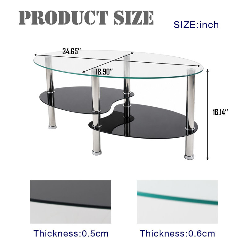 34.65x18.9 2-Tier Oval Tempered Glass Coffee Table with Stainless Steel Legs for the living room