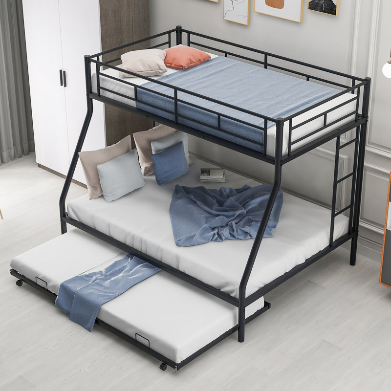 Twin Over Full Bunk Bed With Stable Steel Frame, Size Trundle And Two Ladders, Black Color Metal Mechanical Feature, Ladders