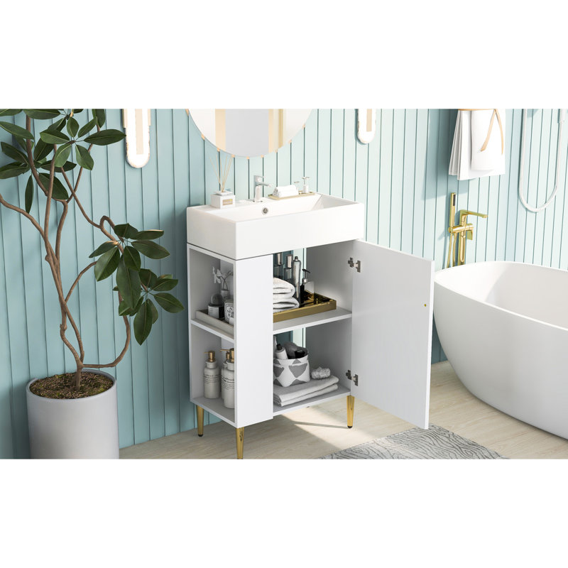 Meuble-lavabo blanc avec lavabo en céramique et cabinet latéral à gauche, porte à bruit réduit, rangement spacieux, blanc moderne, lavabo, salle de bain à fermeture en douceur, espace de rangement abondant, élégance