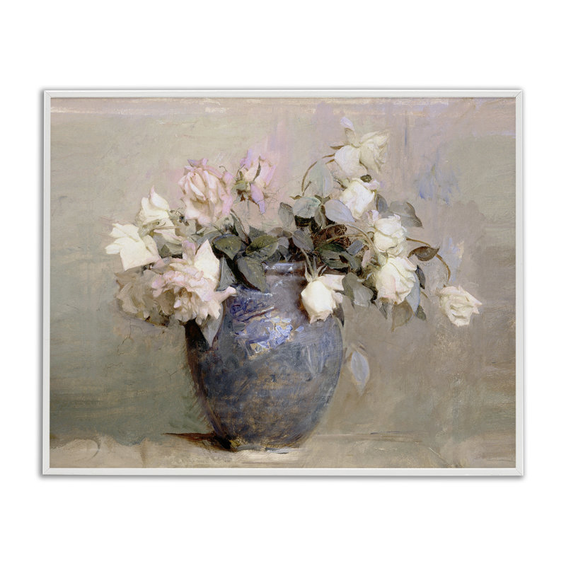 Roses rétro dans un vase bleu, estampe numérique, design par Leah Straatsma, H 24 po x l 30 po