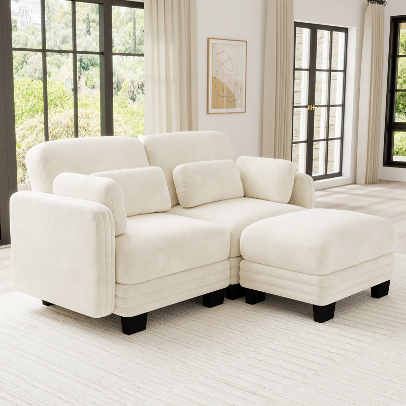 Causeuse en chenille, capitonnée, modulaire, 2 pièces, causeuse avec repose-pieds mobile, beige, coussins en mousse à haute résilience