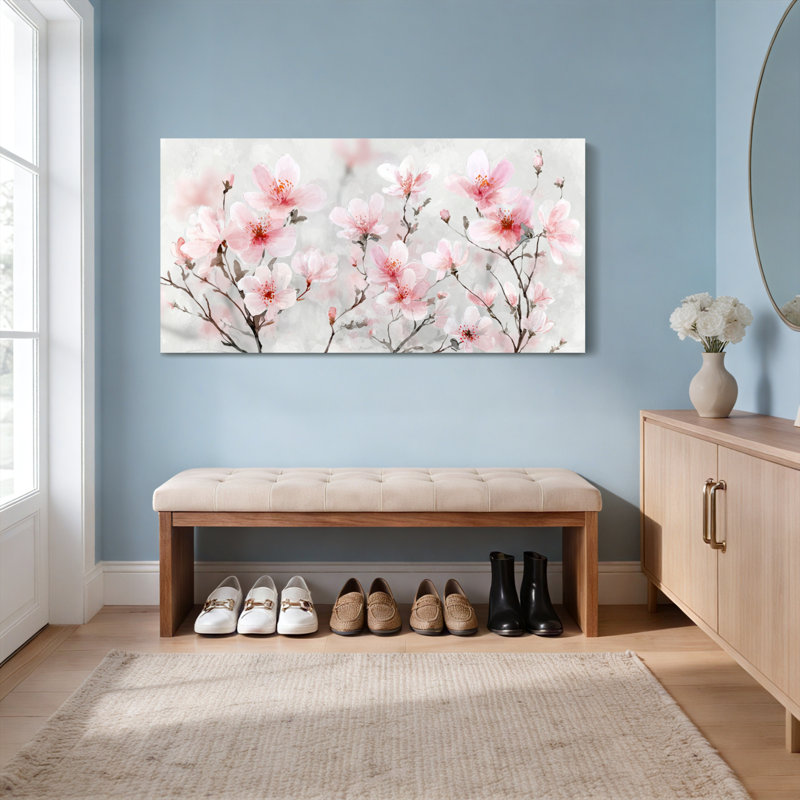 Ensemble de 1 tableau mural aquarelle florale de fleurs de cerisier, H 24 po x l 48 po