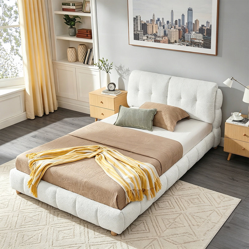 Bouclé Fabric Platform Bed, Soft Cloud-Like Upholstered Frame with Solid Wood Legs, No Box Spring Needed, Queen
