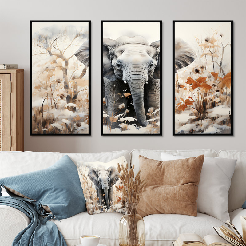 Éléphants bambou au pays des merveilles - Éléphant, art mural, Cadre flottant noir, H 32 po x l 48 po