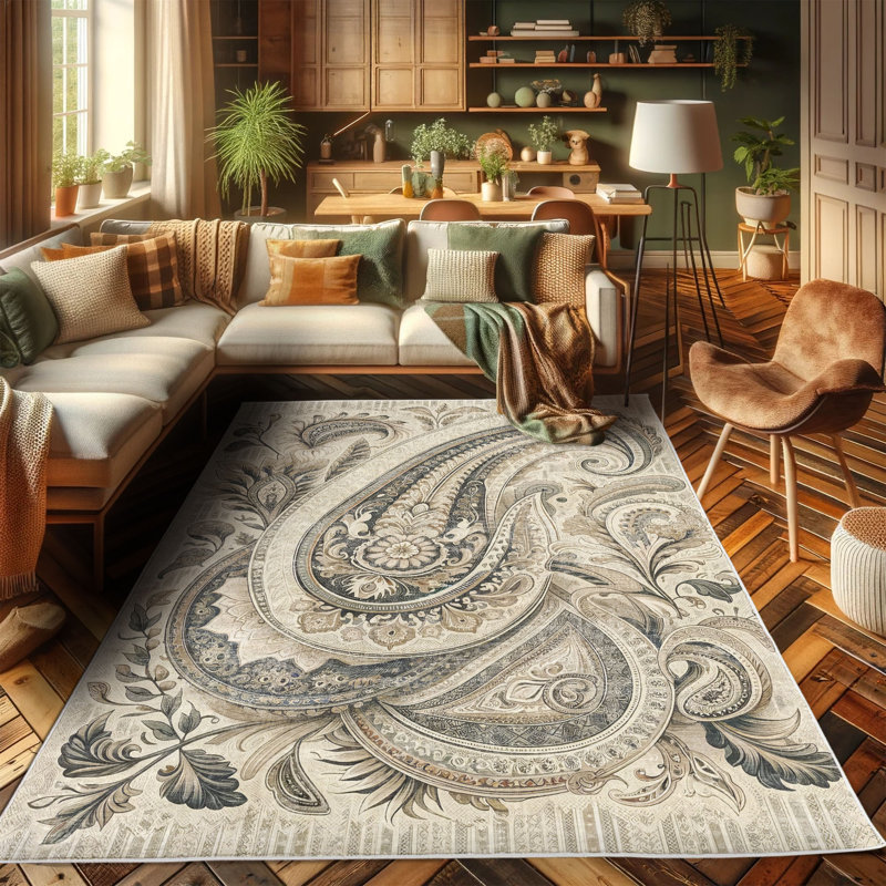 Paisley Ivory and Sepia Synthetic Easy Care Area Rug 2'5" x 5'