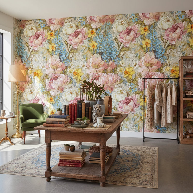 Papier peint floral rétro classique