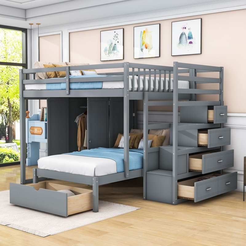 Kary Full Over Twin Bunk Bed With Storage Drawers And Staircase, Gray