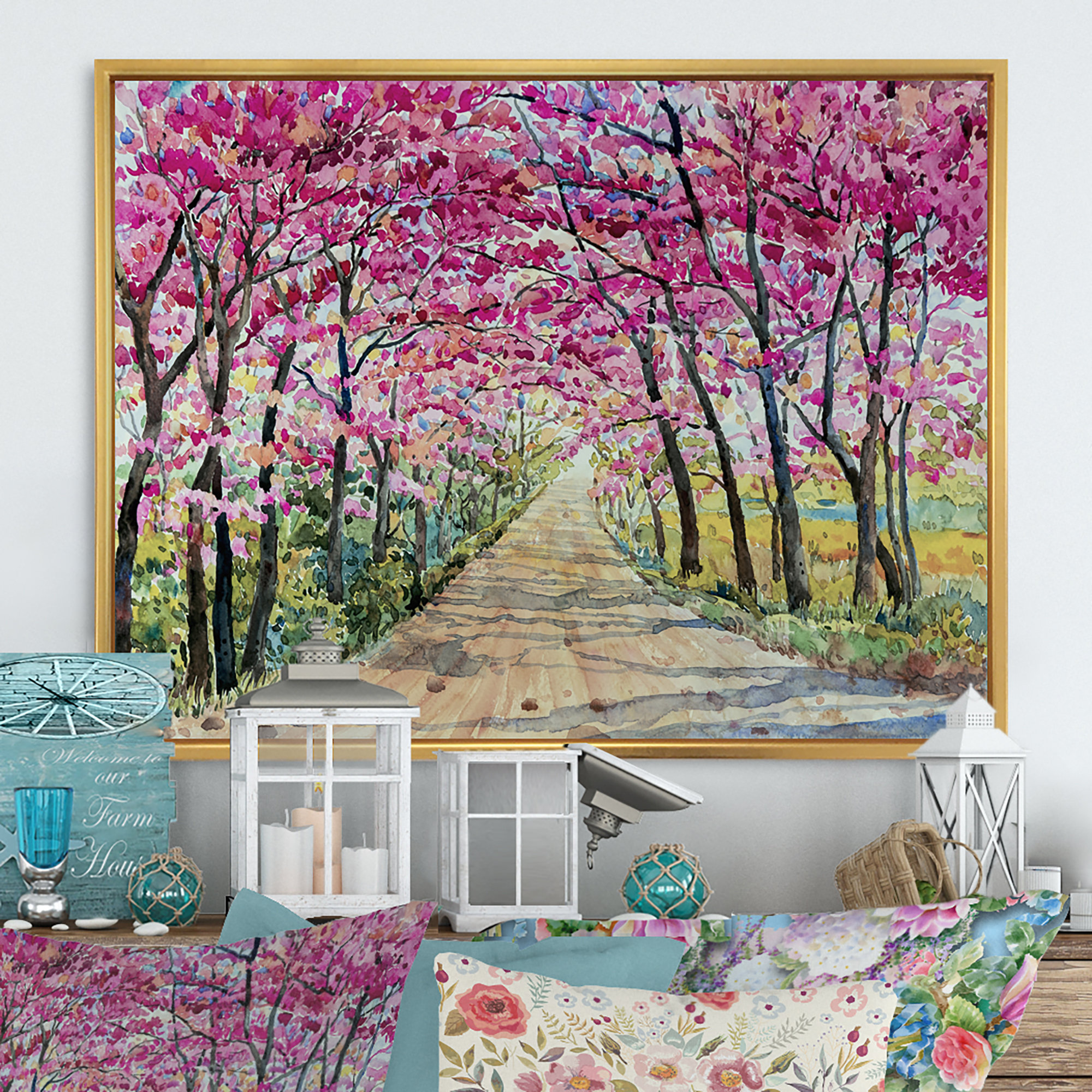 Path to The Enchanted Pink Forest - Floater Frame Print on Canvas Winston Porter Format: Gold Floater Framed, Size: 24 H x 36 W x 1 D