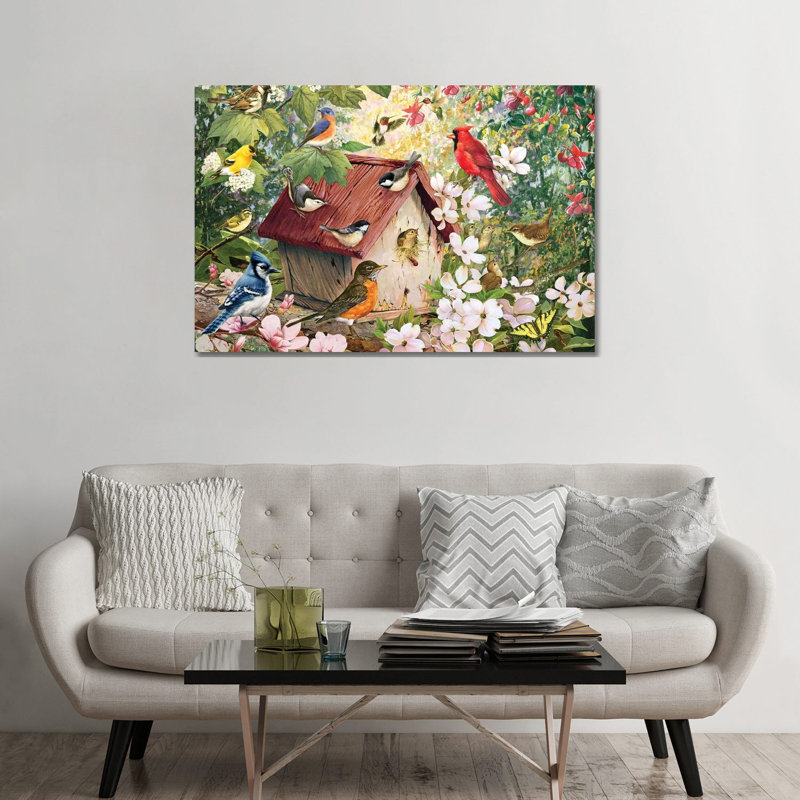 «Spring Birds and Birdhouse» par Greg & Company - impression, H 32 po x l 48 po x 1,5 po, Toile tendue, Pas de tapis