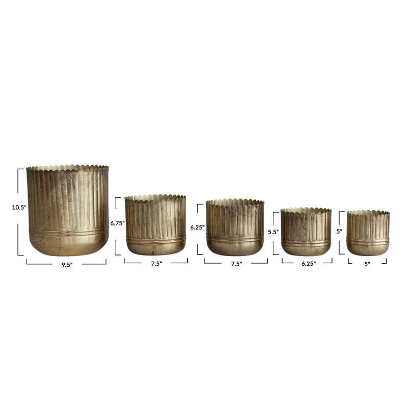 5 pots de fleurs ronds en métal avec bordures festonnées