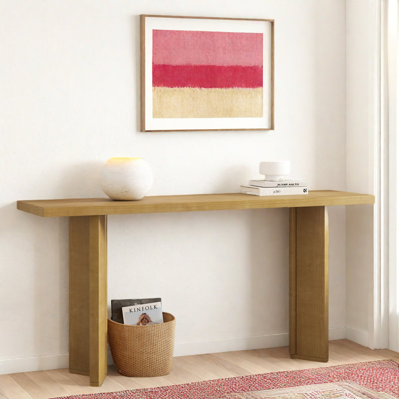 Console moderne avec structure de forme géométrique et grain de bois, Naturel