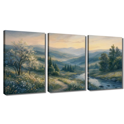 Tableau rustique sur toile avec vue sur un ruisseau de fleurs sauvages et un coucher de soleil sur les montagnes, idéal pour la salle à manger ou la chambre. Parfait pour une chambre ou une salle à manger.