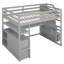 Lit mezzanine pleine grandeur avec bureau, tablettes, tiroirs intégrés et escalier de rangement gris pour un espace maximisé et multifonctionnel