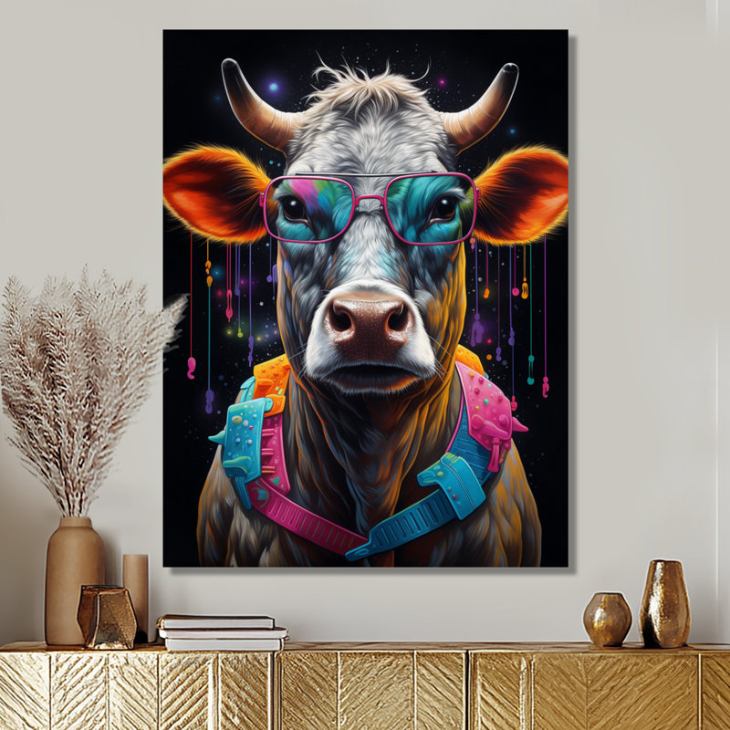 Vache avec lunettes de soleil bleues fraîches, H 44 po x l 34 po x P 1,5 po, Toile tendue