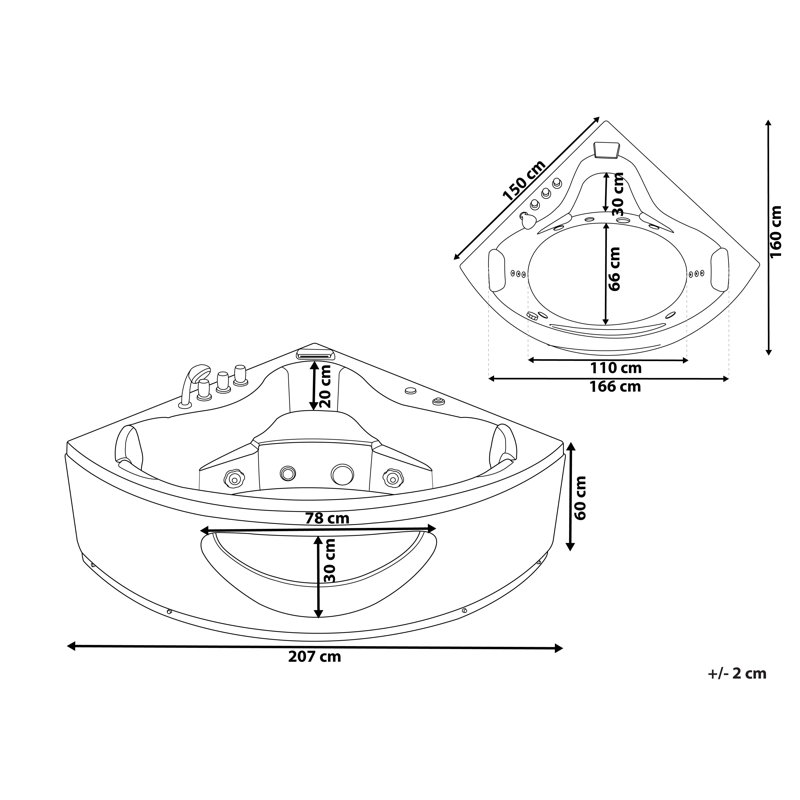 Mummert x Corner Whirlpool Acrylic Bathtub, White, 60cm H x 207cm W x 150cm L