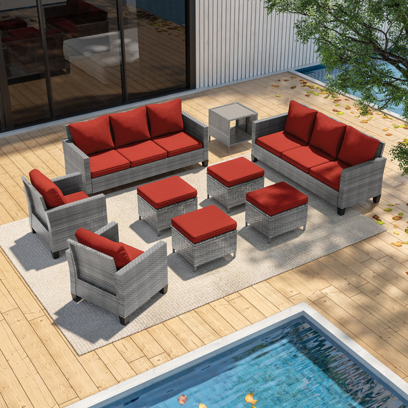 Ensemble de conversation d'extérieur 8 personnes avec coussins Dastan, Gris, Rouge brique