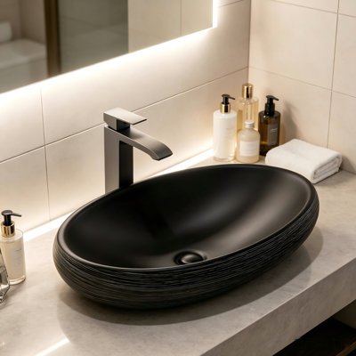 Yingze 24" x 16" Matte Black Oval Ceramic Vessel Sink, Above Counter Bathroom Sink for Vanity, Retro Style