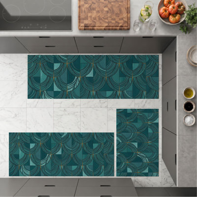 Teal Geometric Non-Slip Washable Kitchen Mats