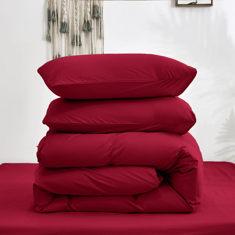 Premium 4-Piece Ultra-Soft Microfiber Duvet Complete Cover Set, Burgundy, Single Duvet Cover + 2 Additional Pieces
