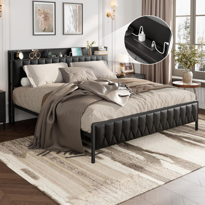 Bed Frame with PU Faux Leather, Button Headboard with Charging Station, All-Metal Platform Bed Frame with Storage, Noise-Free, No Box Spring Needed, E by Winston Porter