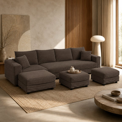 Ramspoth 102.4" Plush Corduroy 4-Seater Sofa with 3 Movable Ottomans, Deep Seats, Removable Backrests and 1,000 lb. Capacity