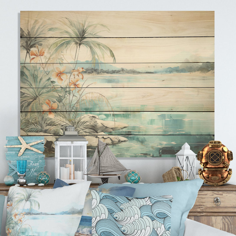 «Tropical Island Skyline I», art mural en bois tropical côtier sur bois de pin naturel, H 24 po x l 32 po