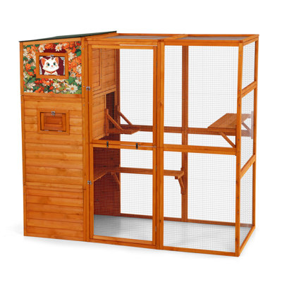 Large 70" H 4 Outdoor Cat Enclosure, And Lockable, 2 Resting Rooms, Platforms, Orange With Colorful Patterns For Exploration Tall , Rooms Shelter, Cat