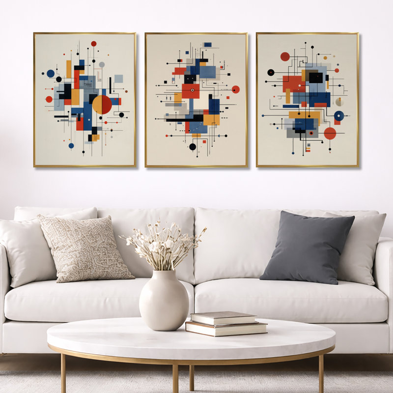 «Yellow Blue», impression géométrique abstraite sur toile encadrée, ensemble de 3, Gold Floater Framed, H 32 po x l 72 po