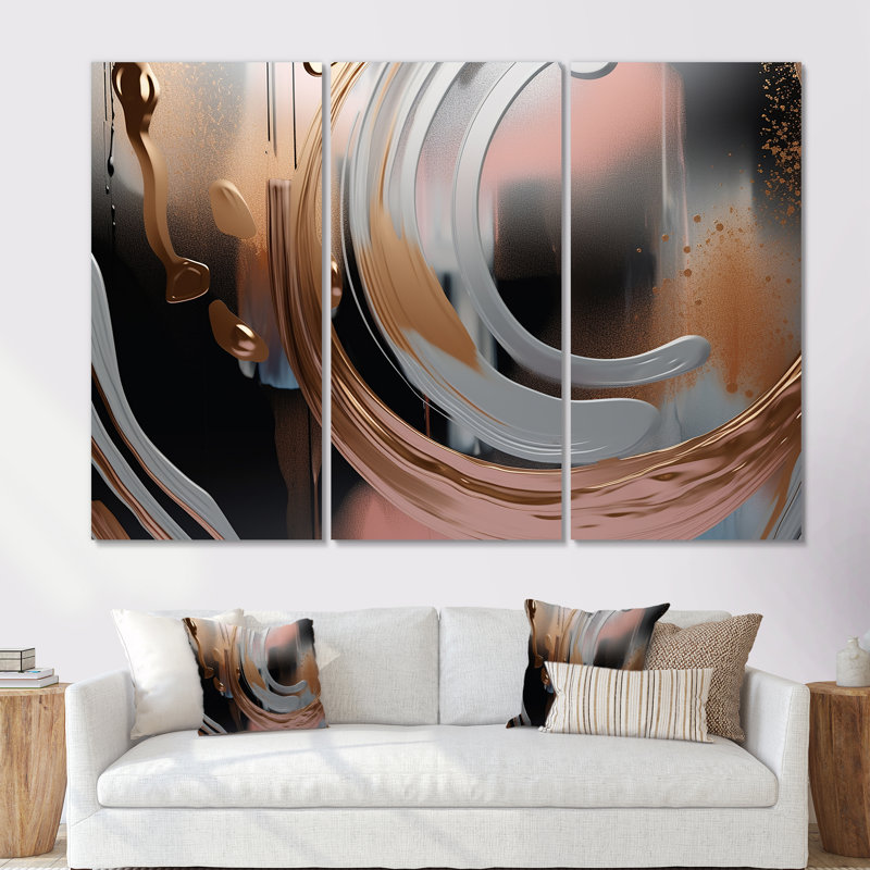 Abstrait abstrait doré et rose «Infinity Rivers I», art mural abstrait à encre liquide, Toile tendue