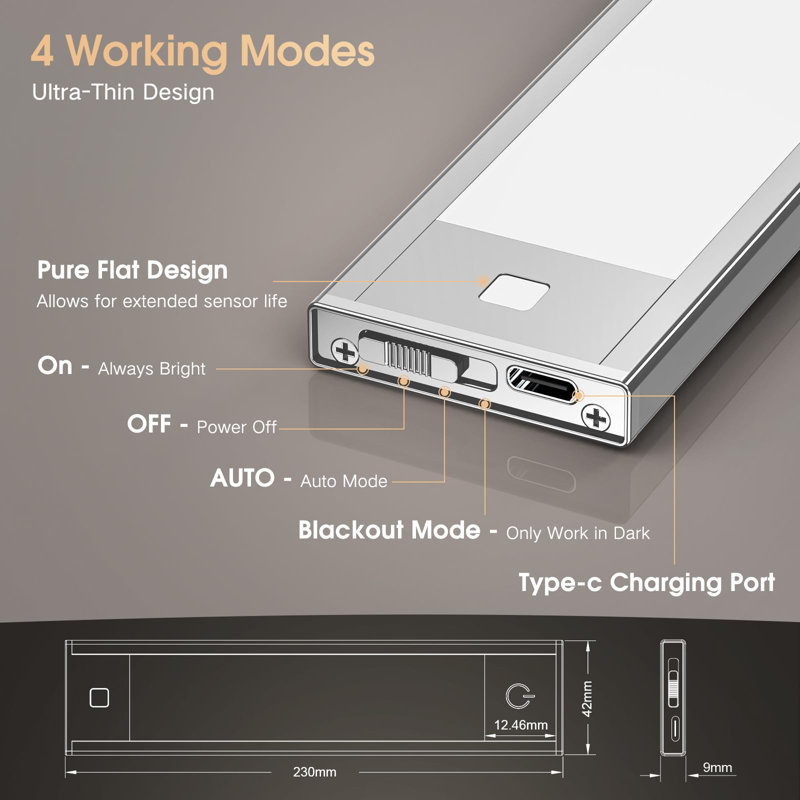 Paquet de 2 lumières d'armoire minces en aluminium à capteur de mouvement avec support magnétique, 3 températures de couleur réglables, finition argent