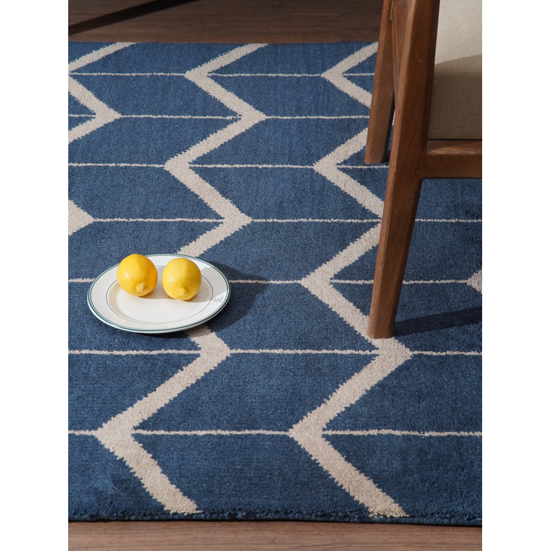 Blue | Beige Handmade Geometric Hand Knotted Rectangle Indoor Area Rug, Rectangle 8' x 10'