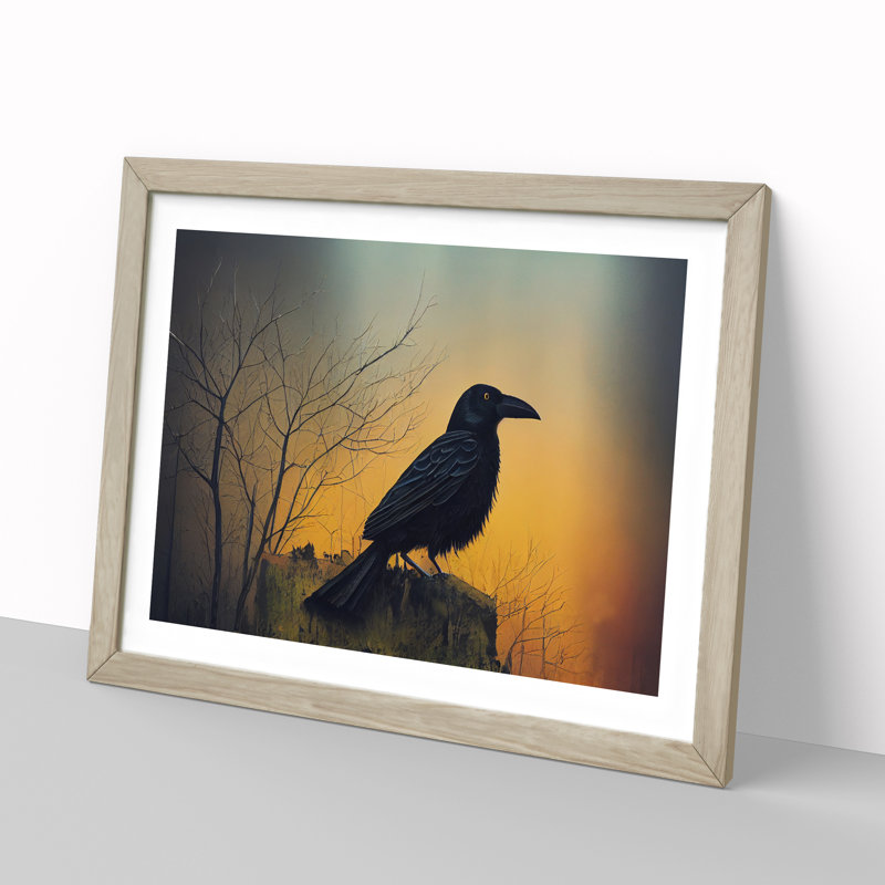 An Artsy Crow Bird - Single Picture Frame Print, 46cm H x 64cm W x 2cm D, Oak