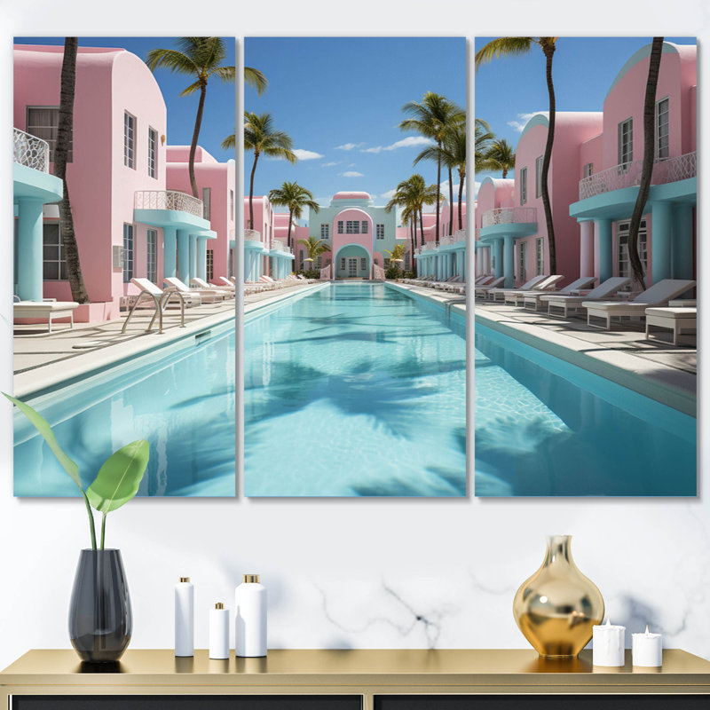 «USA Miami Vibes on Canvas», reproduction de 3 pièces, H 28 po x l 36 po x P 1 po