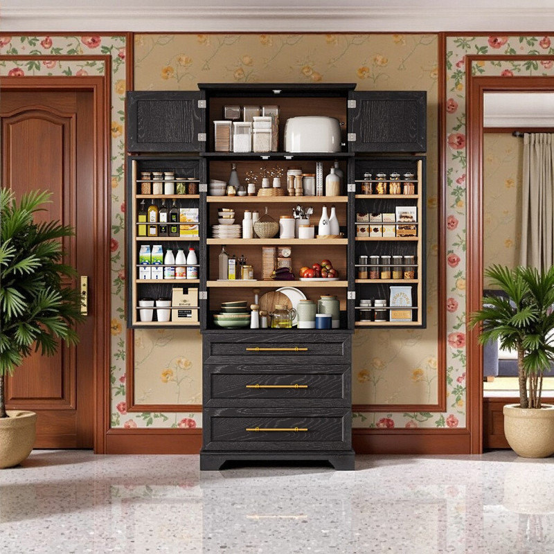 Armoire de rangement autoportante de 78,2 pouces de hauteur avec 3 tablettes réglables en MDF, Noir