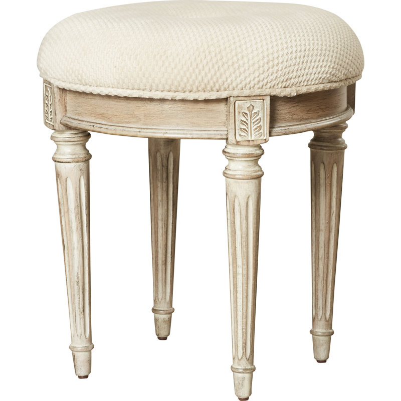 Anicka 18.5 in. Seat Height Round Upholstered and Solid Wood Traditional Vanity Stool, Driftwood, Brown/Coffee