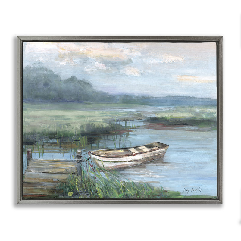 Barque amarrée au bord du lac, H 25 po x l 31 po, Cadre flottant gris lustré