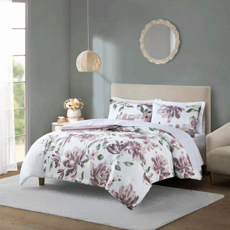 Ensemble de couette et draps en microfibre à motifs floraux et géométriques, taupe/mauve, format king