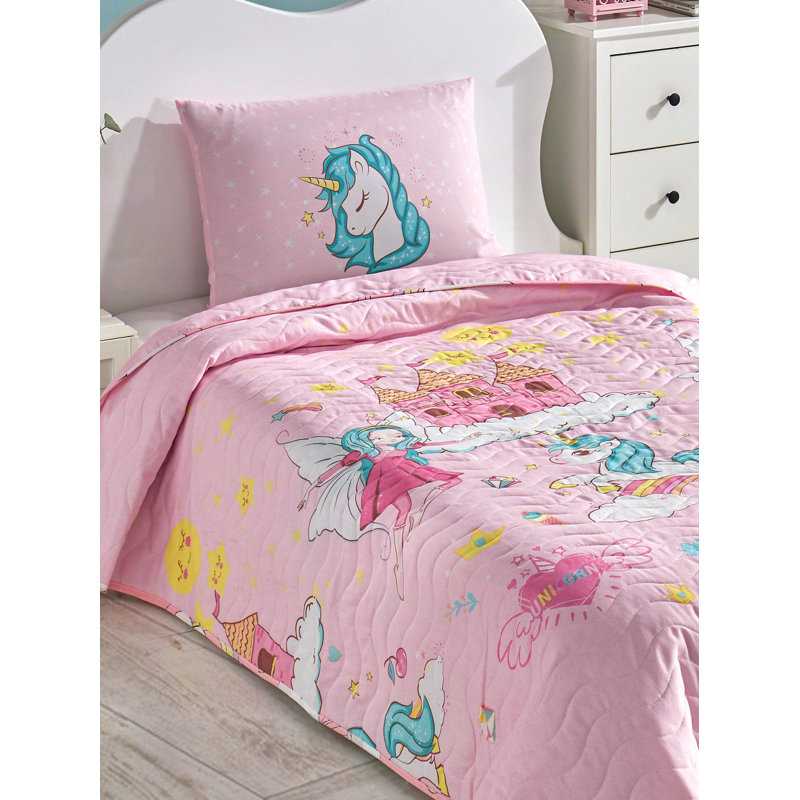 Ensemble de couvre-lit simple élégant (1 pièce, 63 x 87), 65% coton / 35% polyester, rose, bleu, blanc et jaune | Lavable à la machine | Enveloppe de coussin et fermeture à boutons | Doux, durable, parfait pour tout décor de chambre à coucher