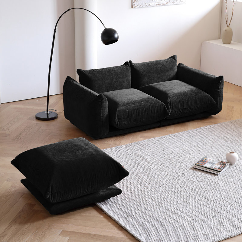Minarik 2-Seat Chenille Fabric Upholstered Round Arm Sectional Loveseat With Ottoman, Black