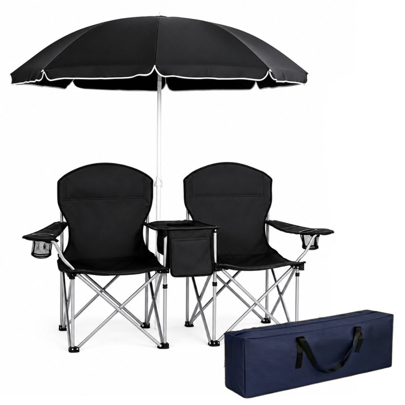 Causeuse d'extérieur avec parasol et glacière intégrée, Noir