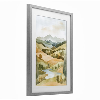 Watercolor Hills & Tranquil Valley Framed Print Under Glass, design by Petal Prints Design