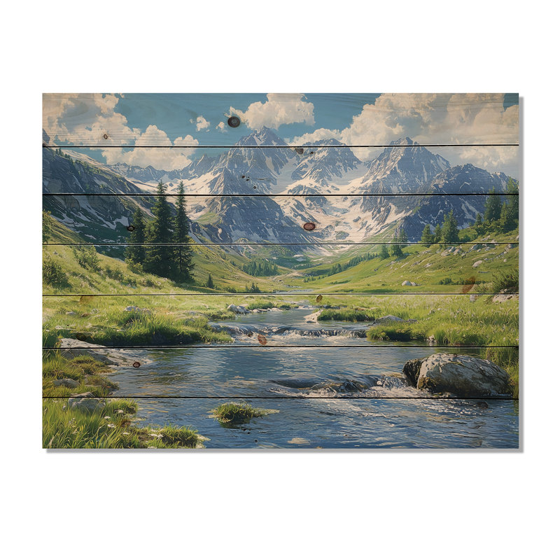 Mountain River Reflections In Rocky Mountains V - Paysage de montagnes, art mural en bois, H 34 po x l 44 po x P 0,78 po