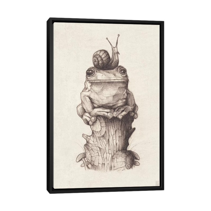 «Frog and Snail I» par Mike Koubou - reproduction d'art, H 60 po x l 40po x P 1,5 po, Toile avec cadre noir