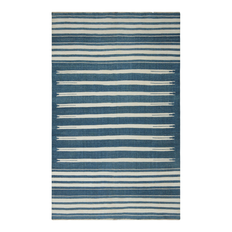 Rug & Kilim’S Contemporary Dhurrie Rug With Blue And Off-White Geometric Stripes