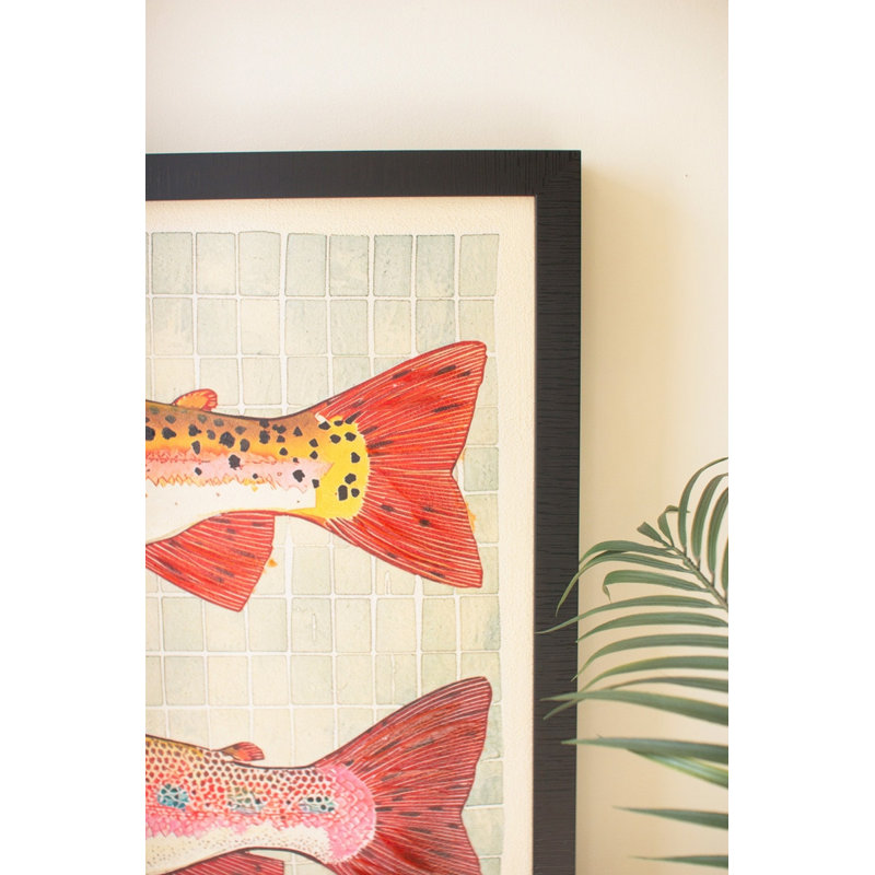 Wood Framed Canvas Painting Two Fish Decorative Wall Accent For Beach House Natural Finish