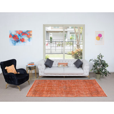 Tapis orange fait à la main 5 x 8,6 pi avec motif Art déco